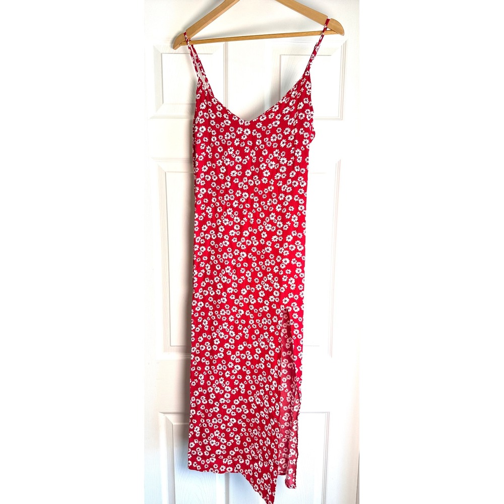 Reformation Midi Slip Dress Womens 10 Red Daisy Floral V-Neck Side Slit Strappy